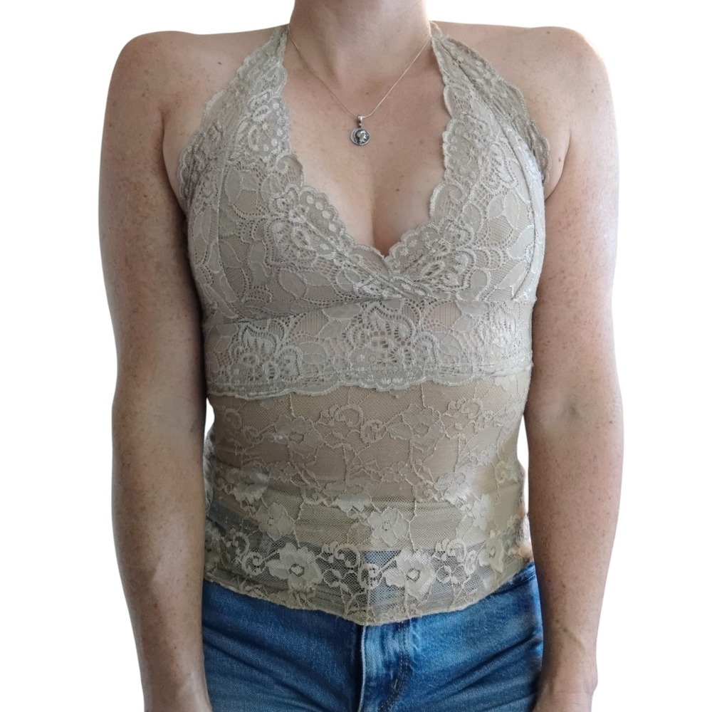 Vtg Wet Seal Y2K Lace Halter Top Womens XS S Beige Babydoll Coquette Fairy Mesh